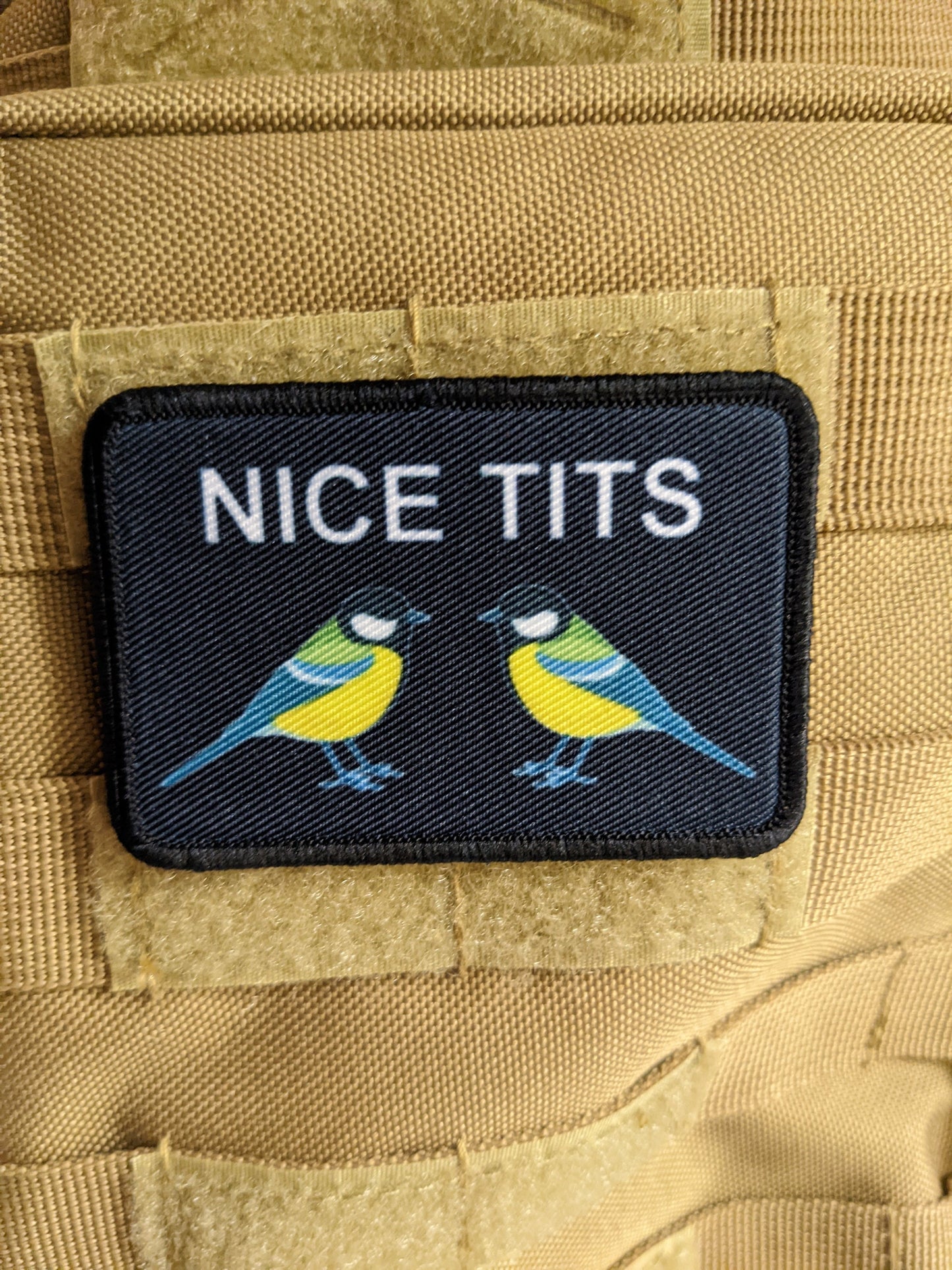 NICE TITS...they're birds, get your mind out of the gutter 2"x3" morale patch with hook and loop backing military joke meme