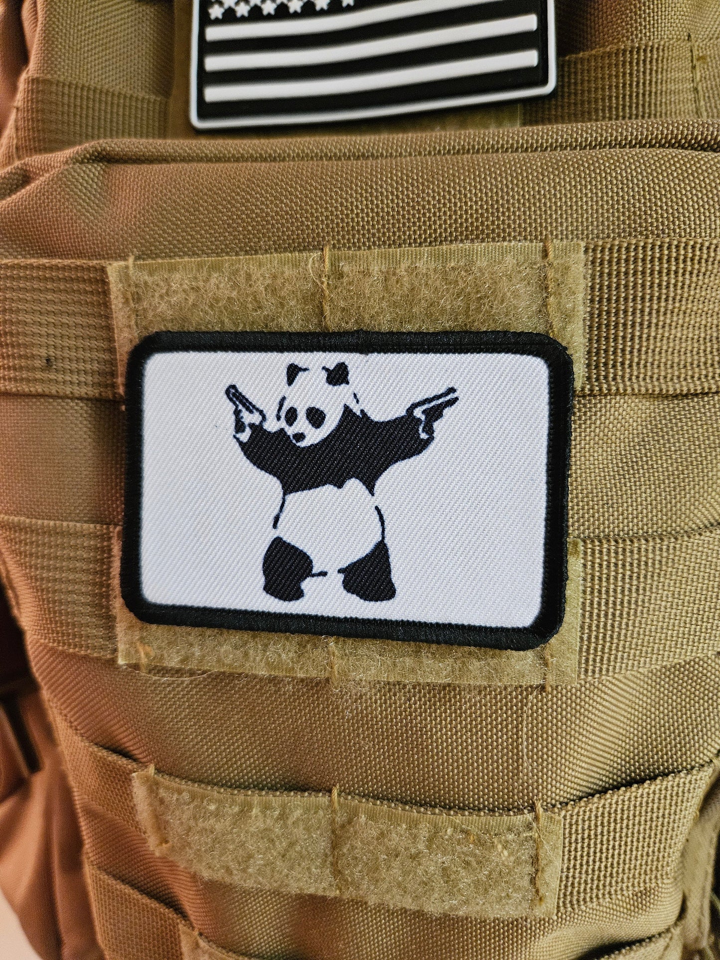 Pew pew panda meme 2"x3" removable morale patch with hook and loop backing