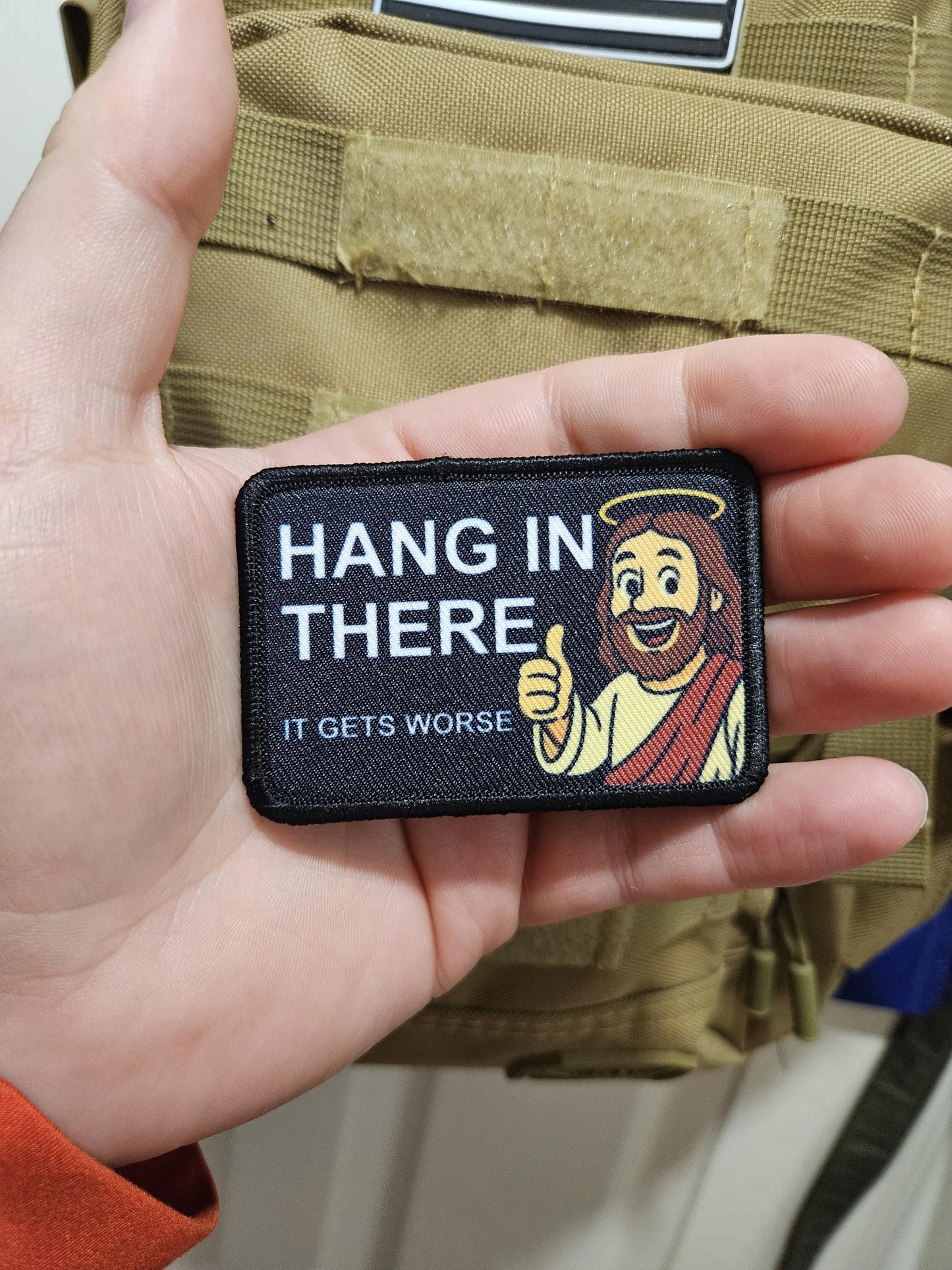 Jesus hang in there it gets worse meme 2"x3" removable morale patch with hook and loop backing black and white