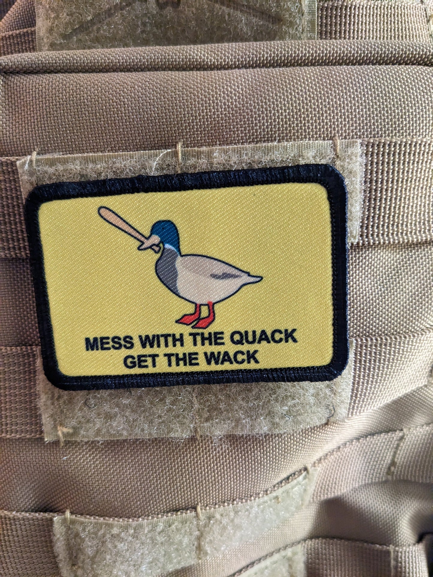 Mess with the quack get the wack Gadsden flag duck meme 2"x3" removable morale patch with hook and loop backing
