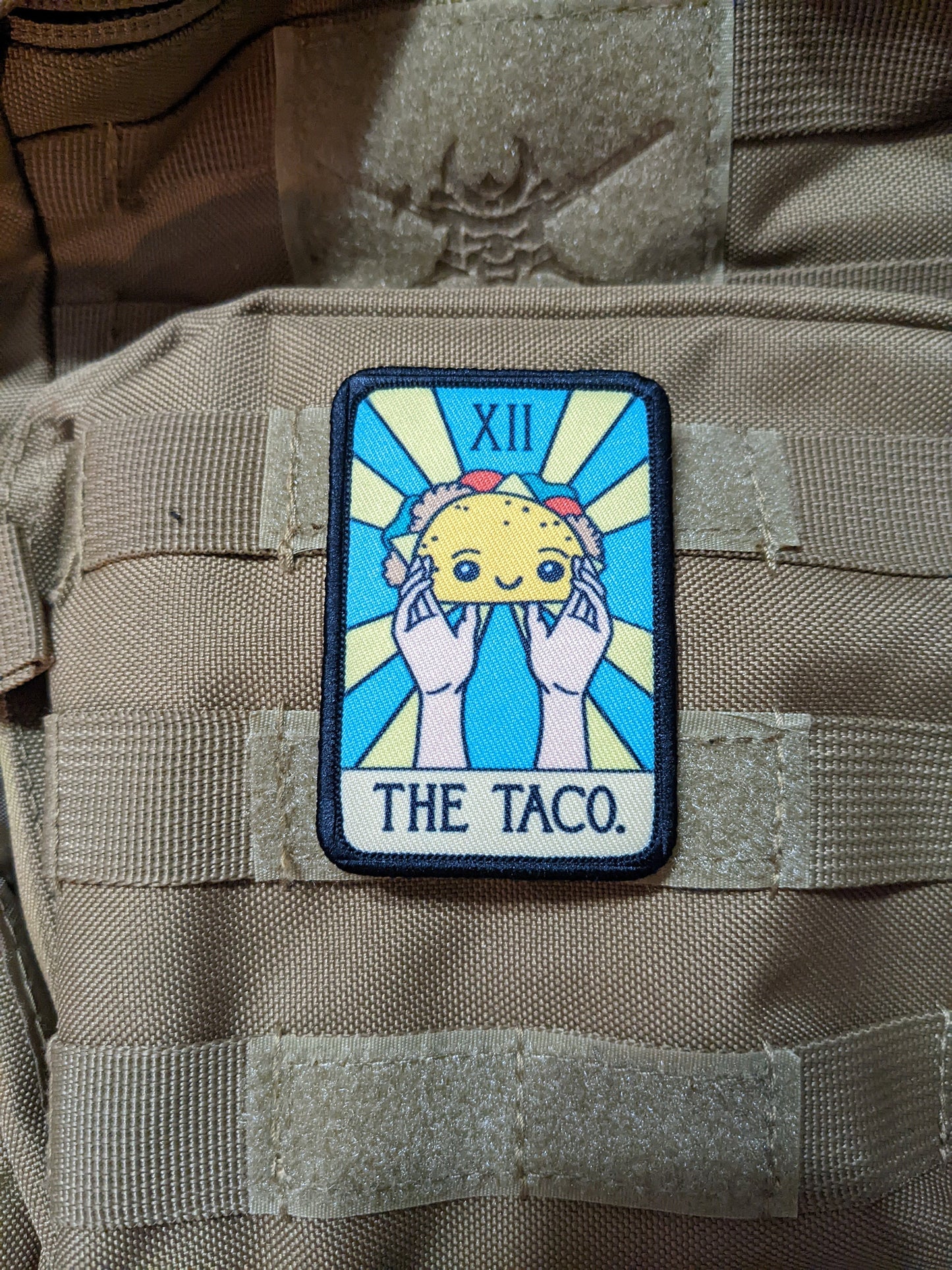 The Taco tarot card funny cute 2"x3" morale patch with hook and loop backing