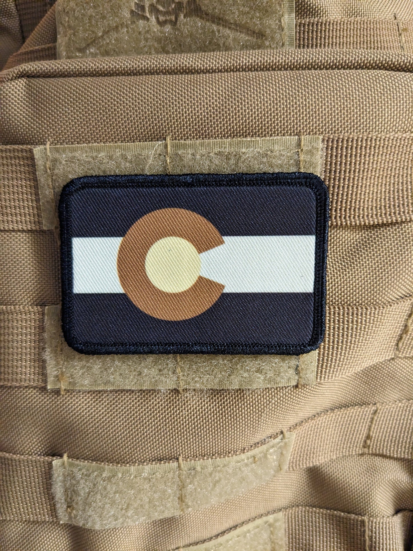 Subdued tan and brown Colorado state flag removable patch 2"x3" morale patch with hook and loop backing