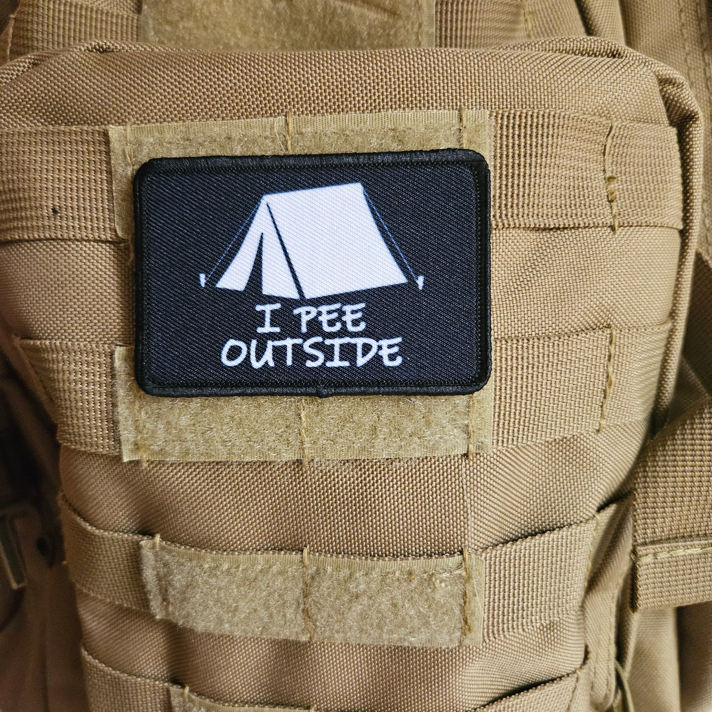 I pee outside camping life meme 2"x3" removable morale patch with hook and loop backing