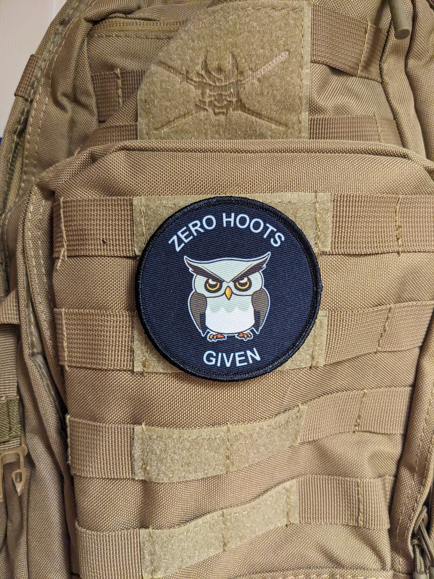 Cranky owl zero hoots given meme 3" circle removable morale patch with hook and loop backing
