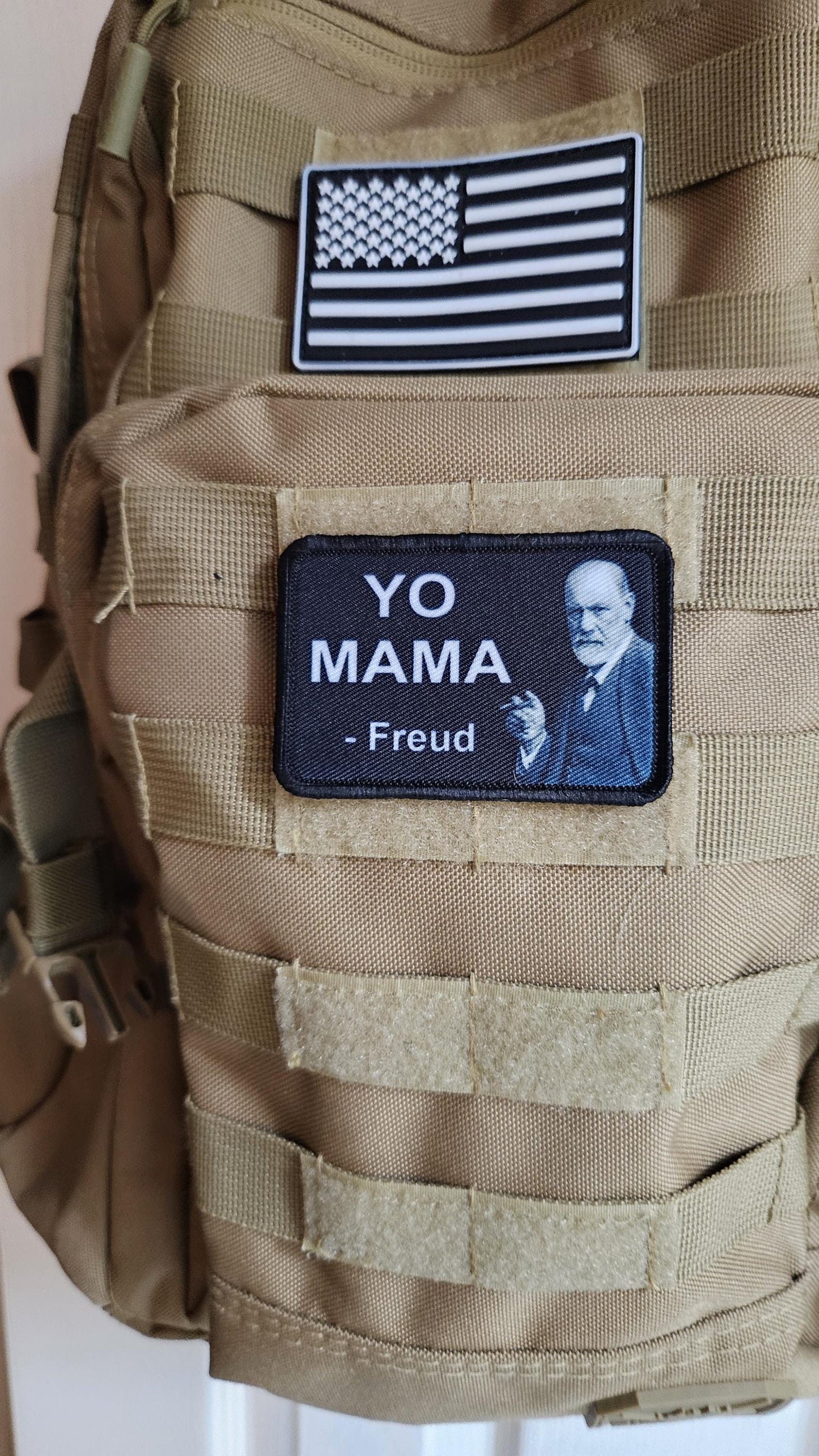 Freud you mama meme 2"x3" removable morale patch with hook and loop backing black and white