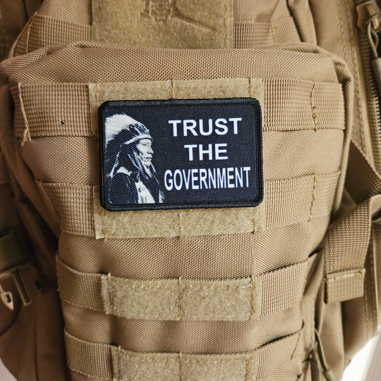 Trust your government libertarian meme 2"x3" removable morale patch with hook and loop backing