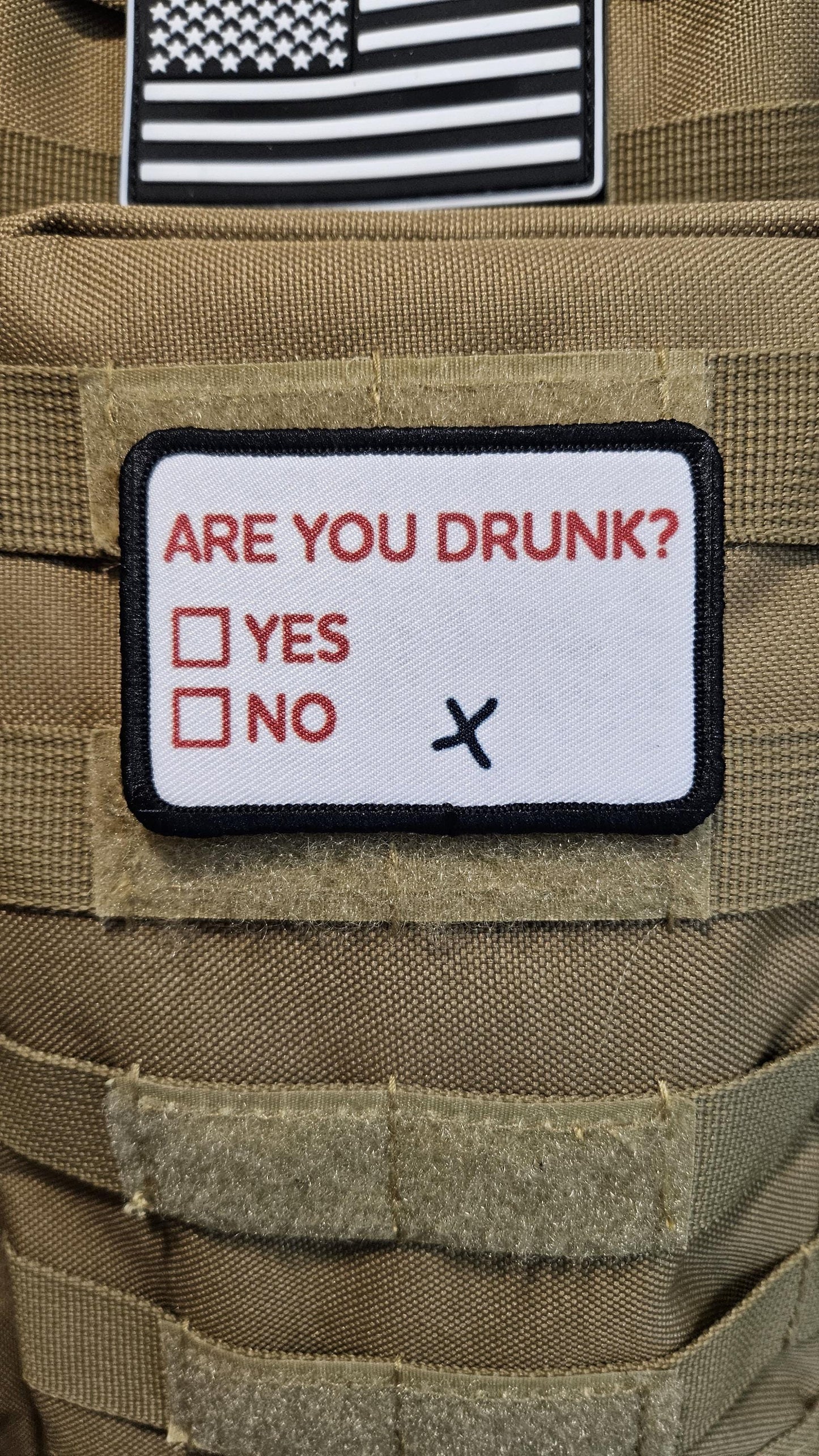 Are you drunk check? Yes or no meme 2"x3" removable morale patch with hook and loop backing