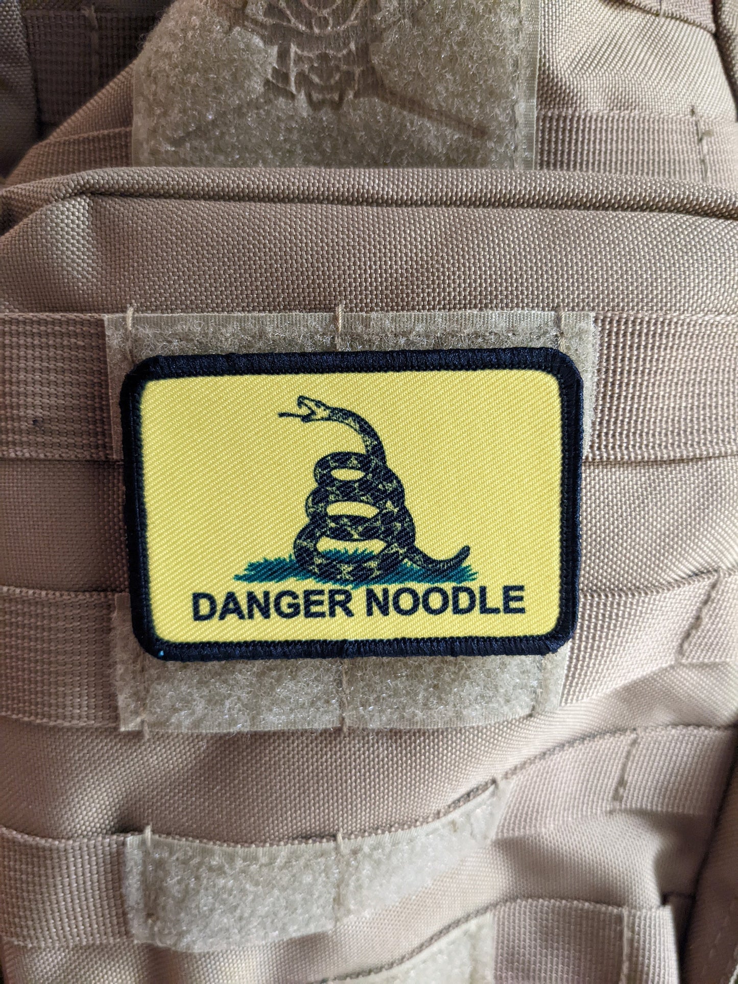 Danger noodle Gadsden flag meme 2"x3" removable morale patch with hook and loop backing