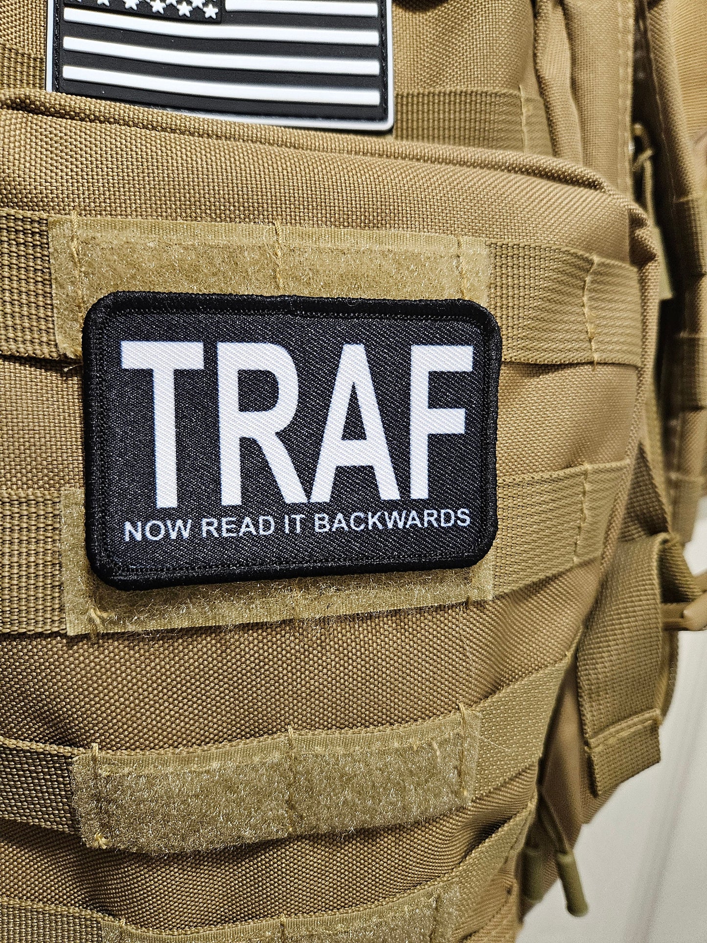 TRAF fart backwards meme 2"x3" removable morale patch with hook and loop backing