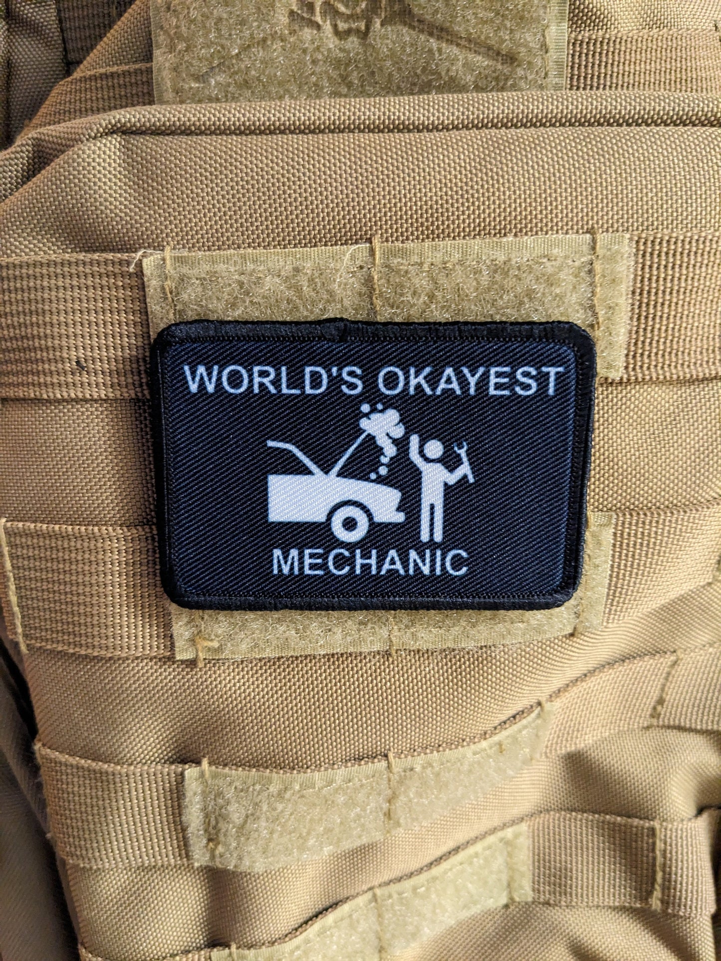 World's okayest mechanic blue collar 2"x3" morale patch with hook and loop backing