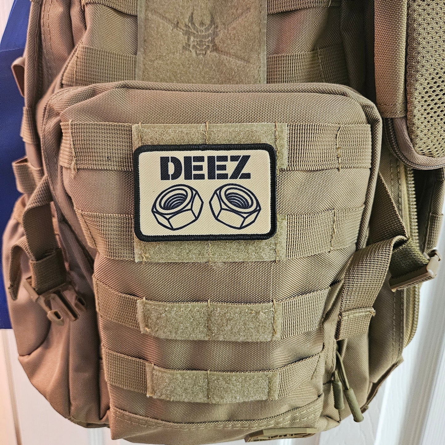 Deez nuts and bolts funny removable patch tan 2"x3" morale patch with hook and loop backing