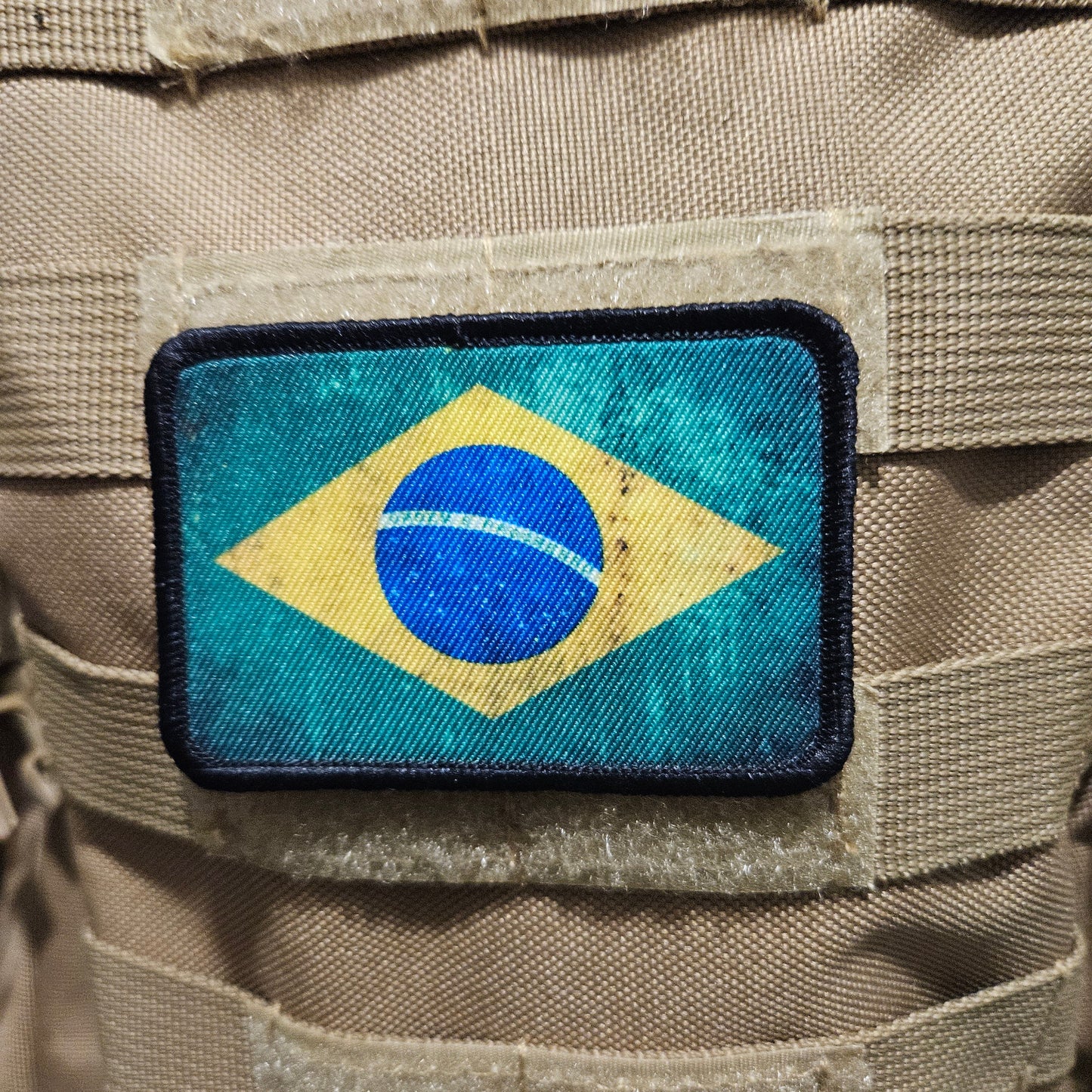 distressed Brasil flag 2"x3" morale patch with hook and loop backing