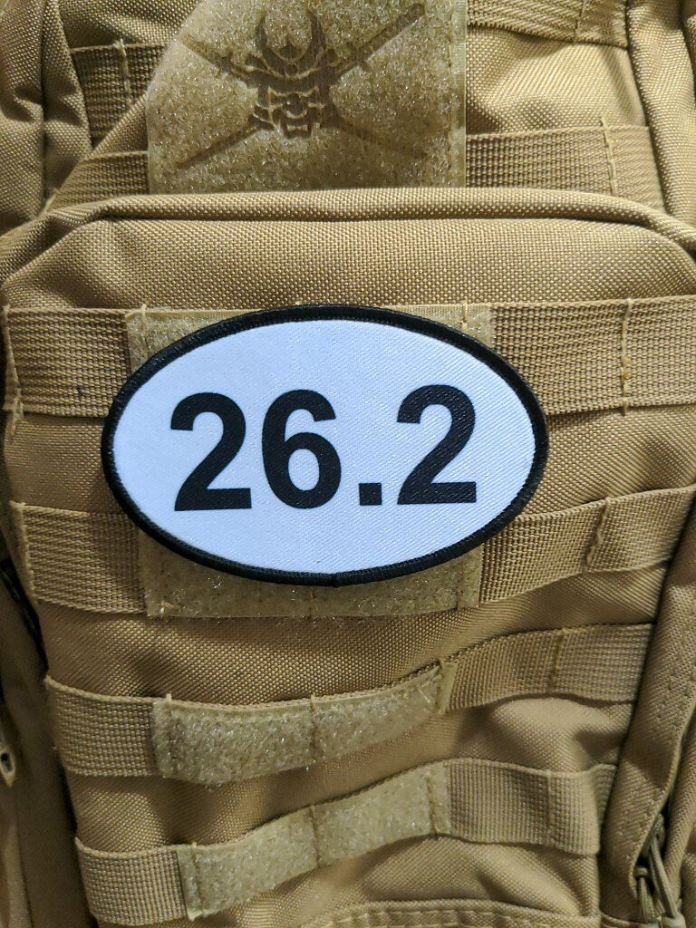 26.2 marathon running celebration 4"x2.5" oval morale patch with hook and loop backing