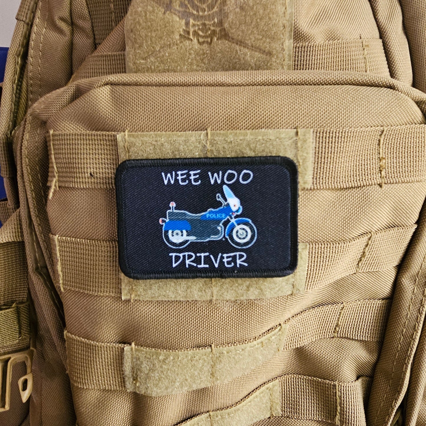 Police motorcycle Wee woo driver driver funny 2"x3" removable morale patch with hook and loop backing