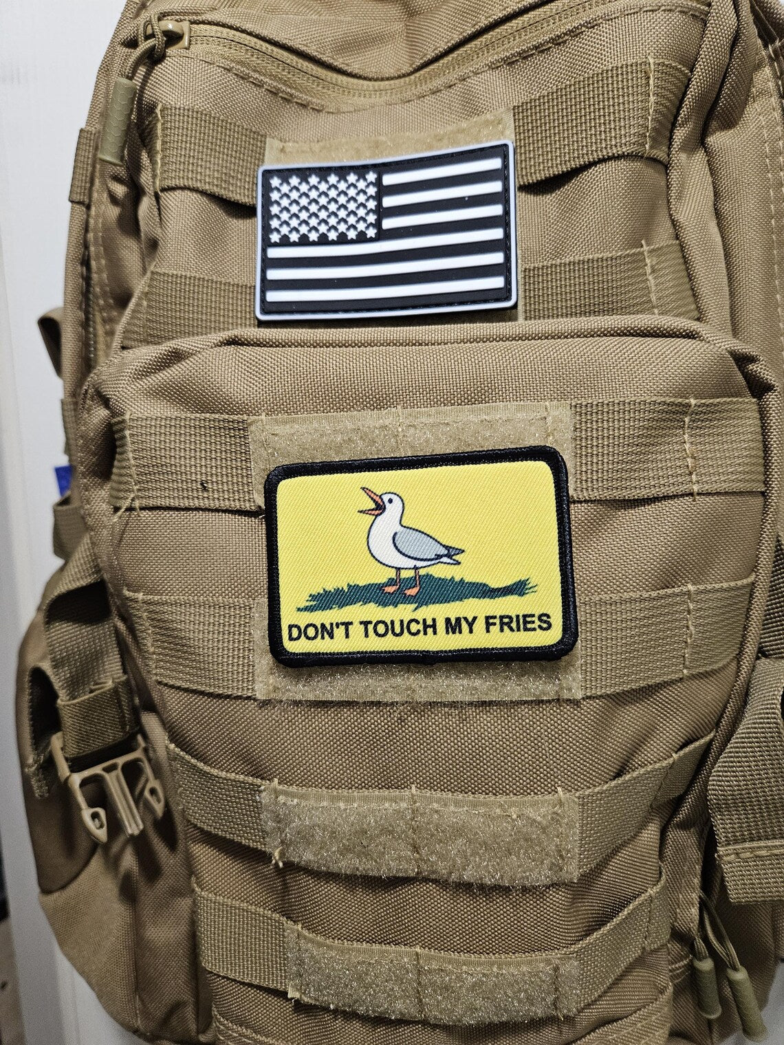 Don't touch my fries seagull joke Gadsden flag meme 2"x3" removable morale patch with hook and loop backing