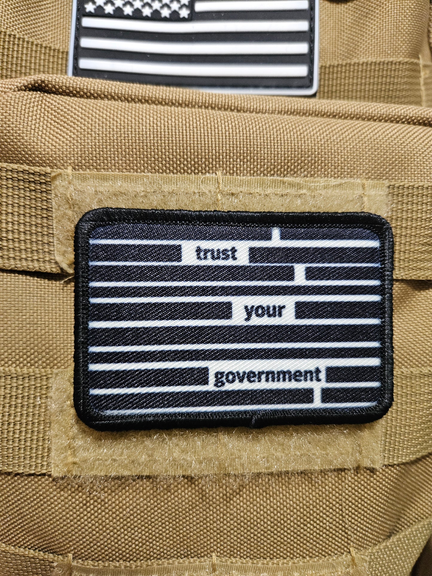 Trust your government redacted document meme 2"x3" removable morale patch with hook and loop backing