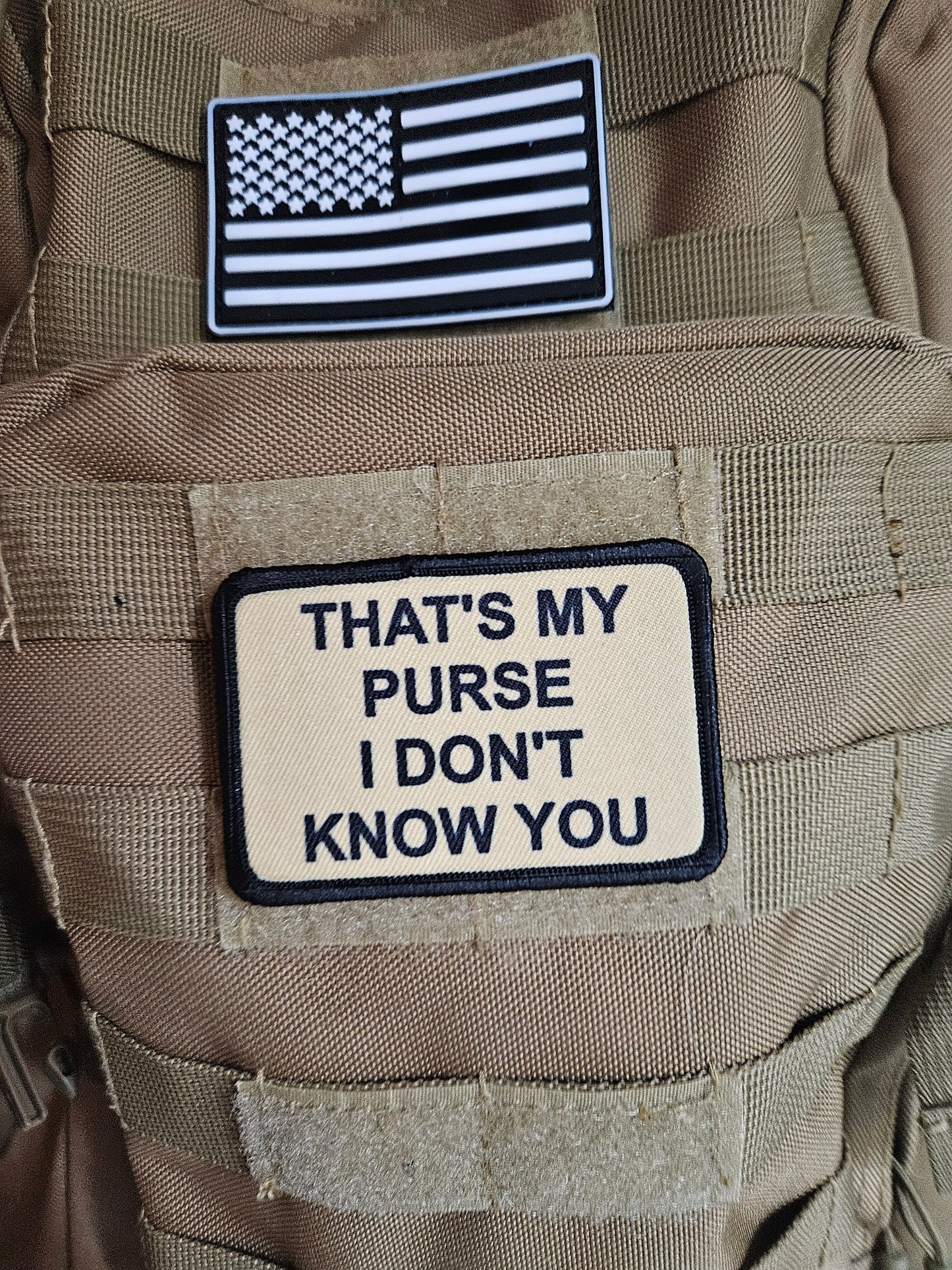 that's My Purse I don't Know you meme lol 2"x3" morale patch with hook and loop backing tan