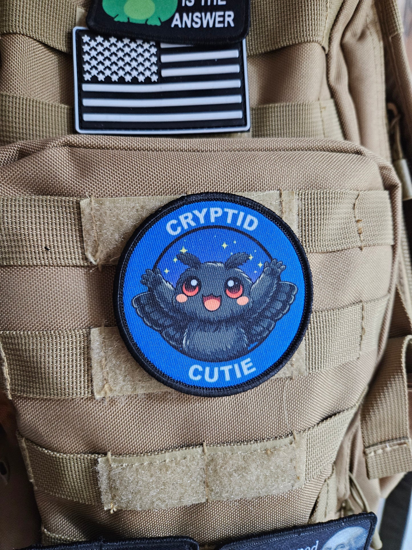 Cryptid cutie mothman meme 3" circle removable morale patch with hook and loop backing