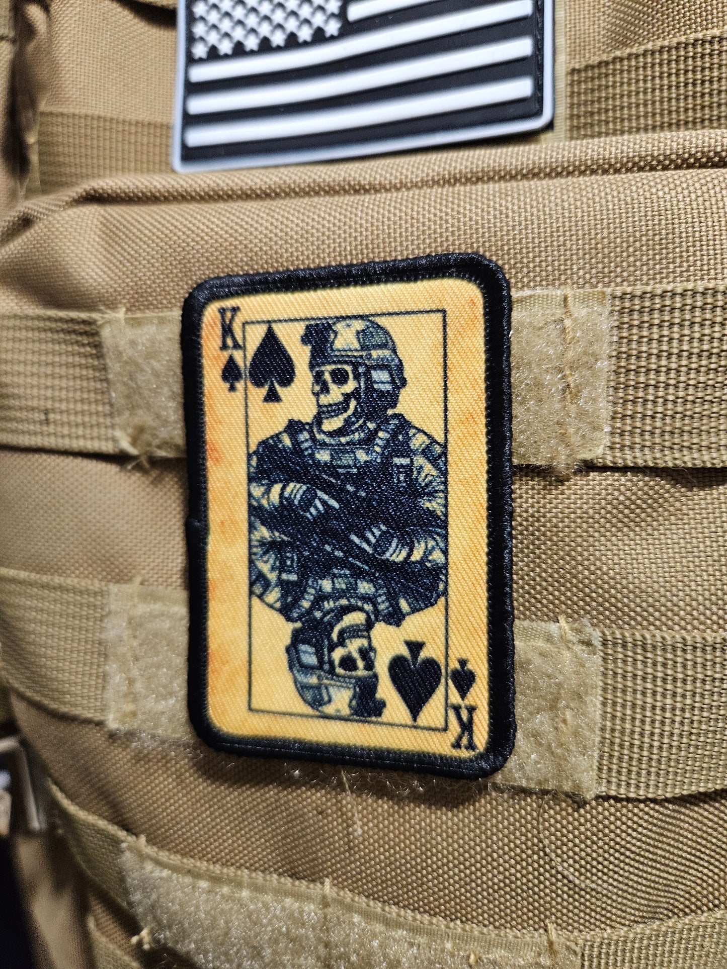 Gothic soldier style skeleton king of spades 2"x3" removable morale patch with hook and loop backing