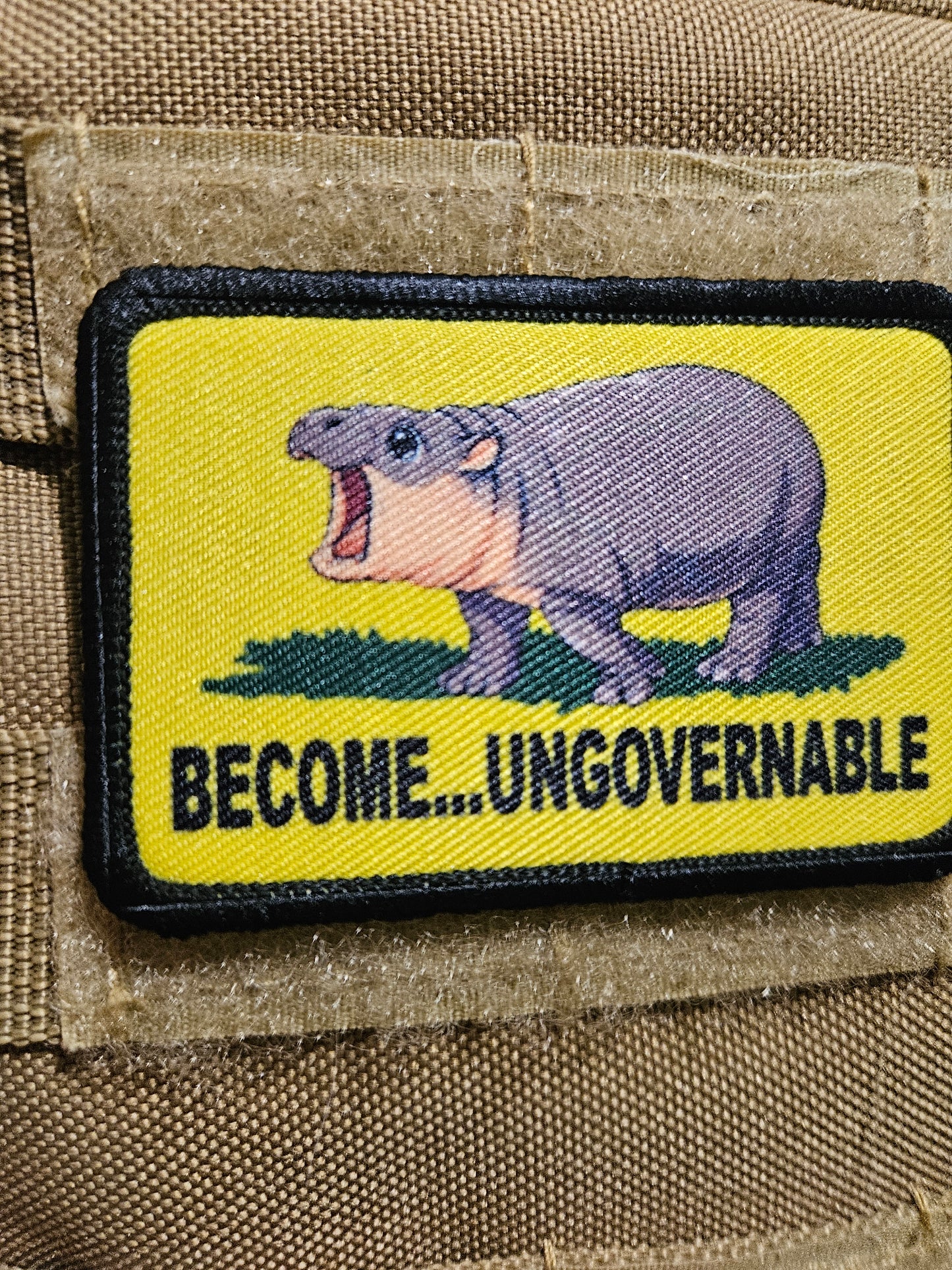 Become ungovernable baby hippo meme 2"x3" morale patch with hook and loop backing full color