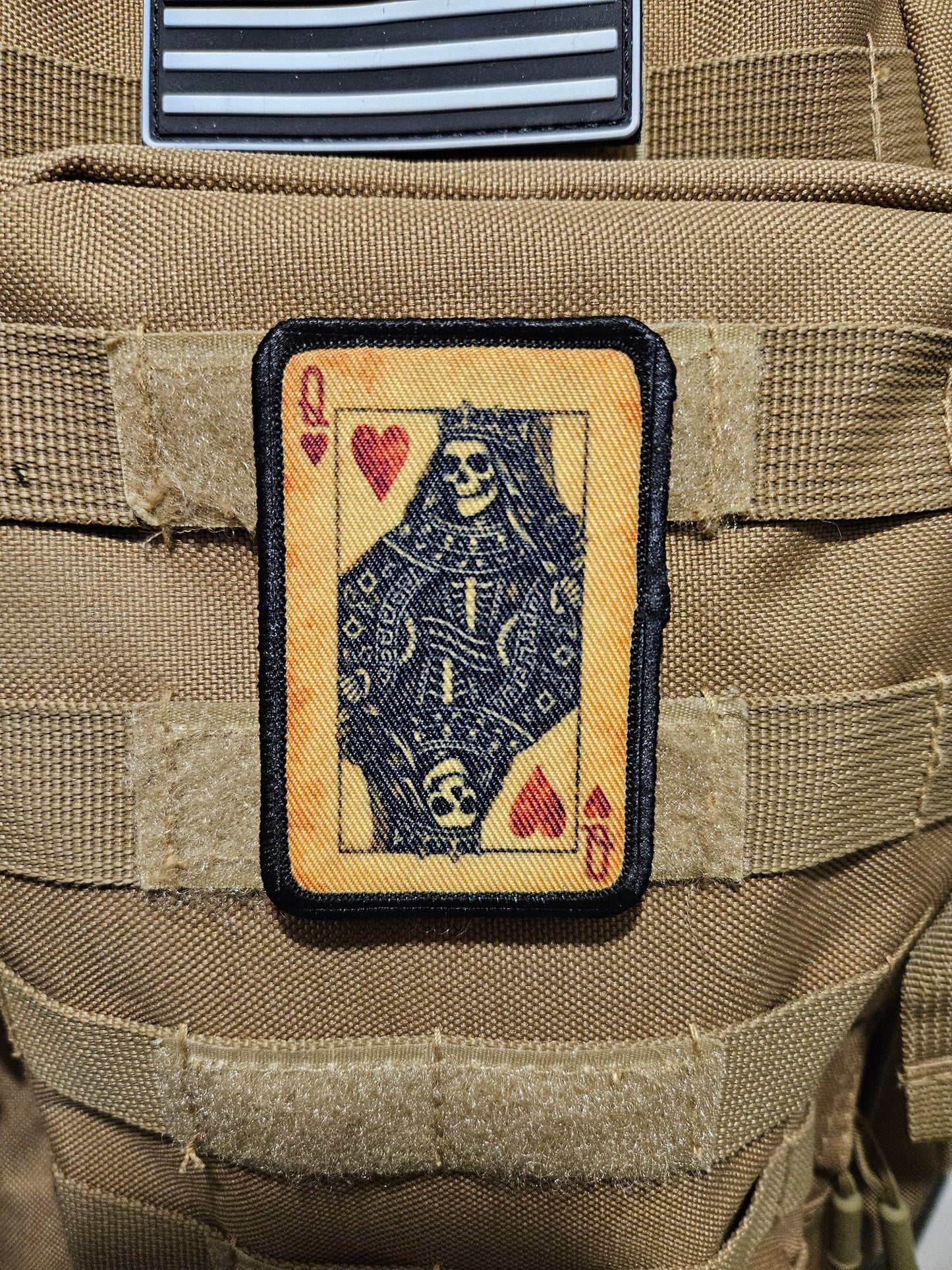 Gothic style skeleton queen of hearts 2"x3" removable morale patch with hook and loop backing