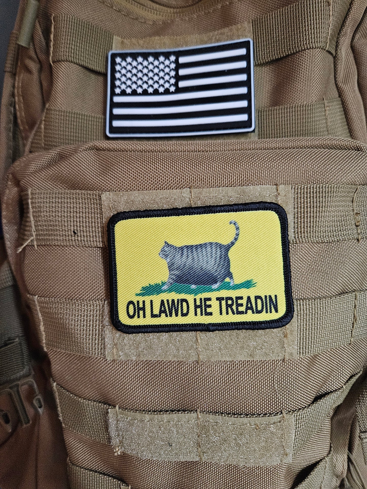 Oh lawd he treadin Gadsden flag gray tabby fat cat meme 2"x3" removable morale patch with hook and loop backing