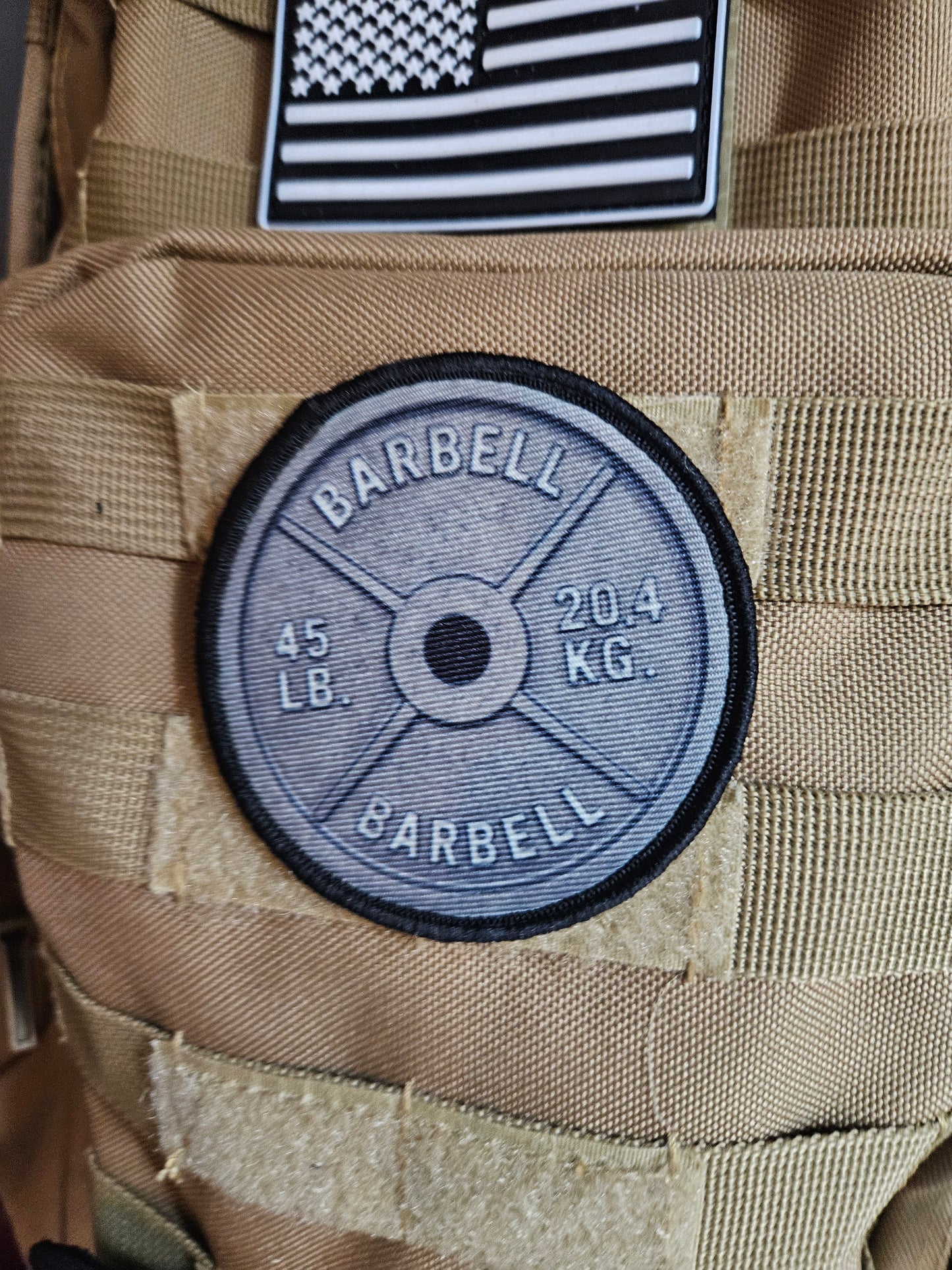 45 pound barbell plate fitness 3" circle morale patch with hook and loop backing