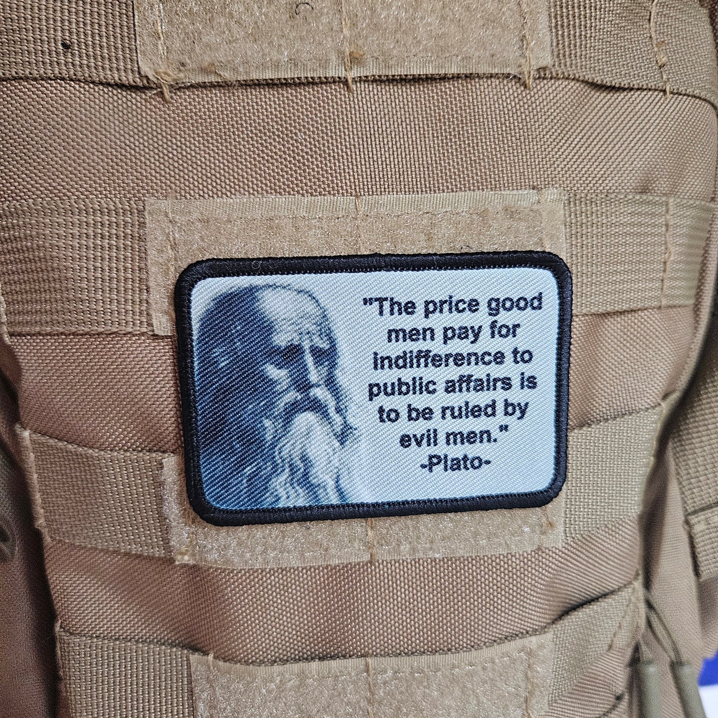 Plato the price good men pay for indifference 2"x3" removable morale patch with hook and loop backing