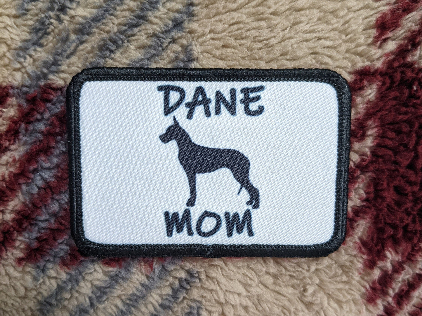 Great Dane mom 2"x3" white morale patch with hook and loop backing