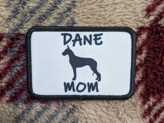 Great Dane mom 2"x3" white morale patch with hook and loop backing