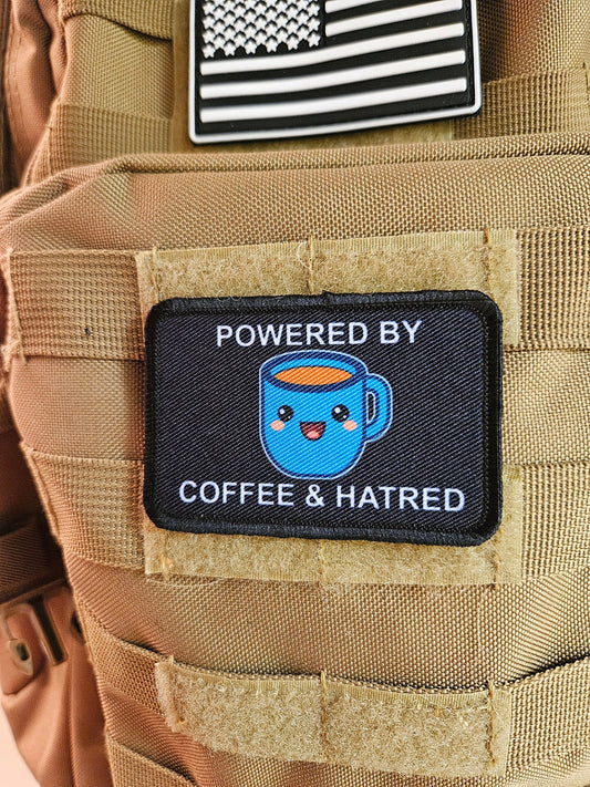 Powered by coffee and hatred meme 2"x3" removable morale patch with hook and loop backing