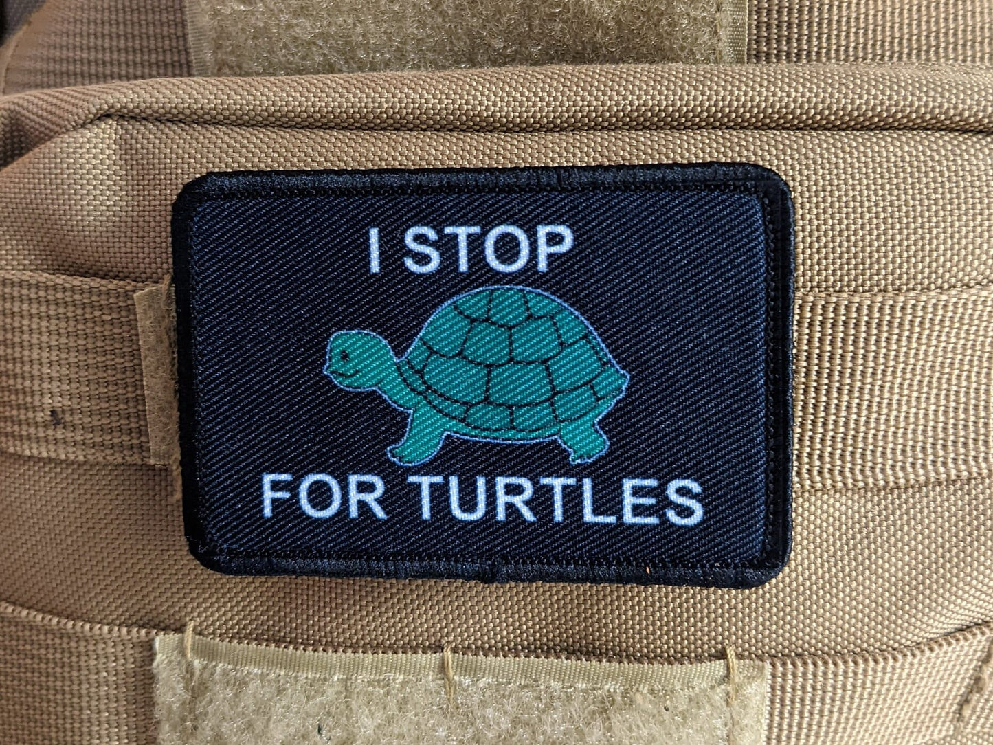I stop for turtles save the turtles 2"x3" removable morale patch with hook and loop backing