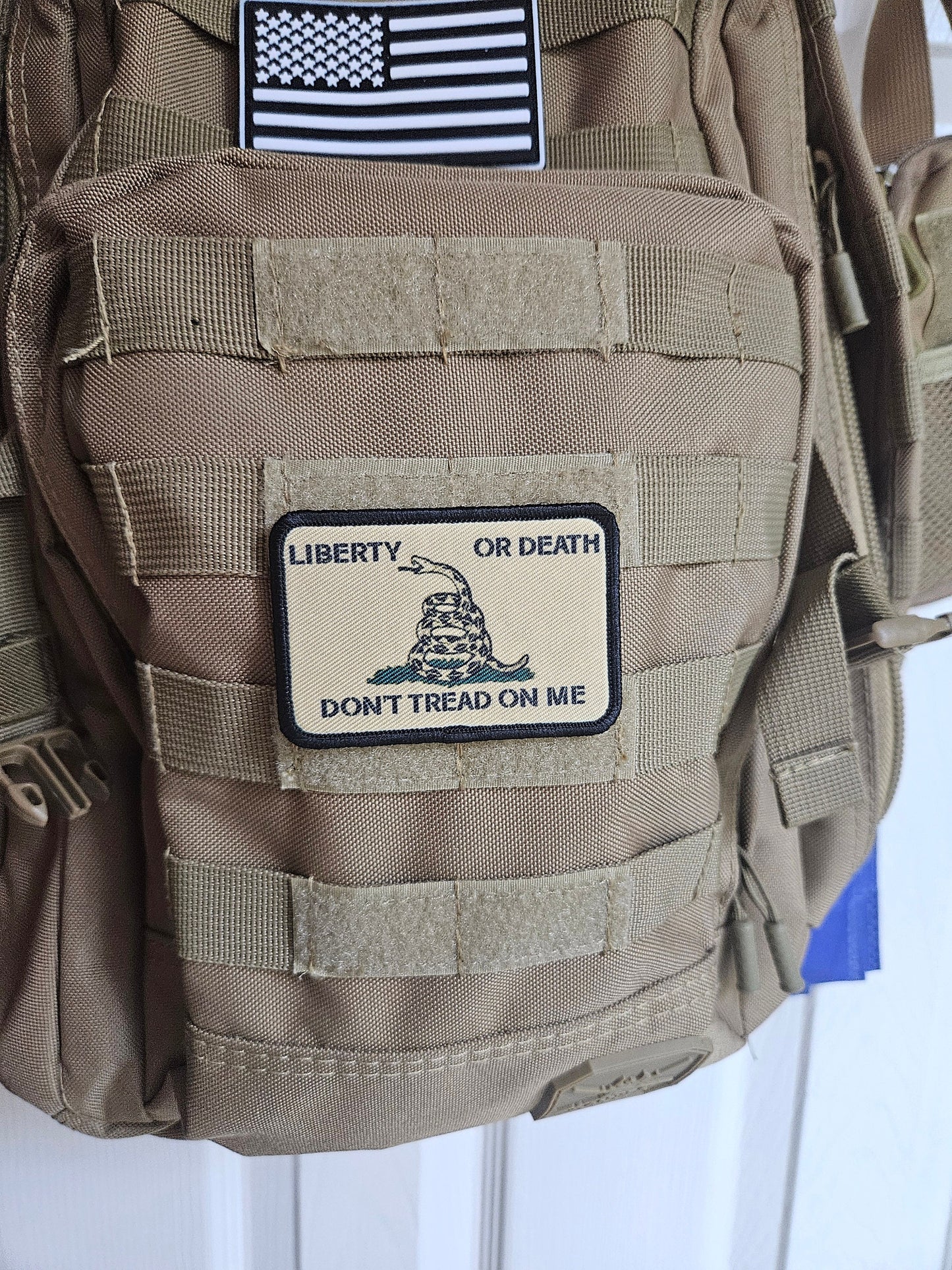 Tan Liberty or death Gadsden flag don't tread on me 2"x3" morale patch with hook and loop backing