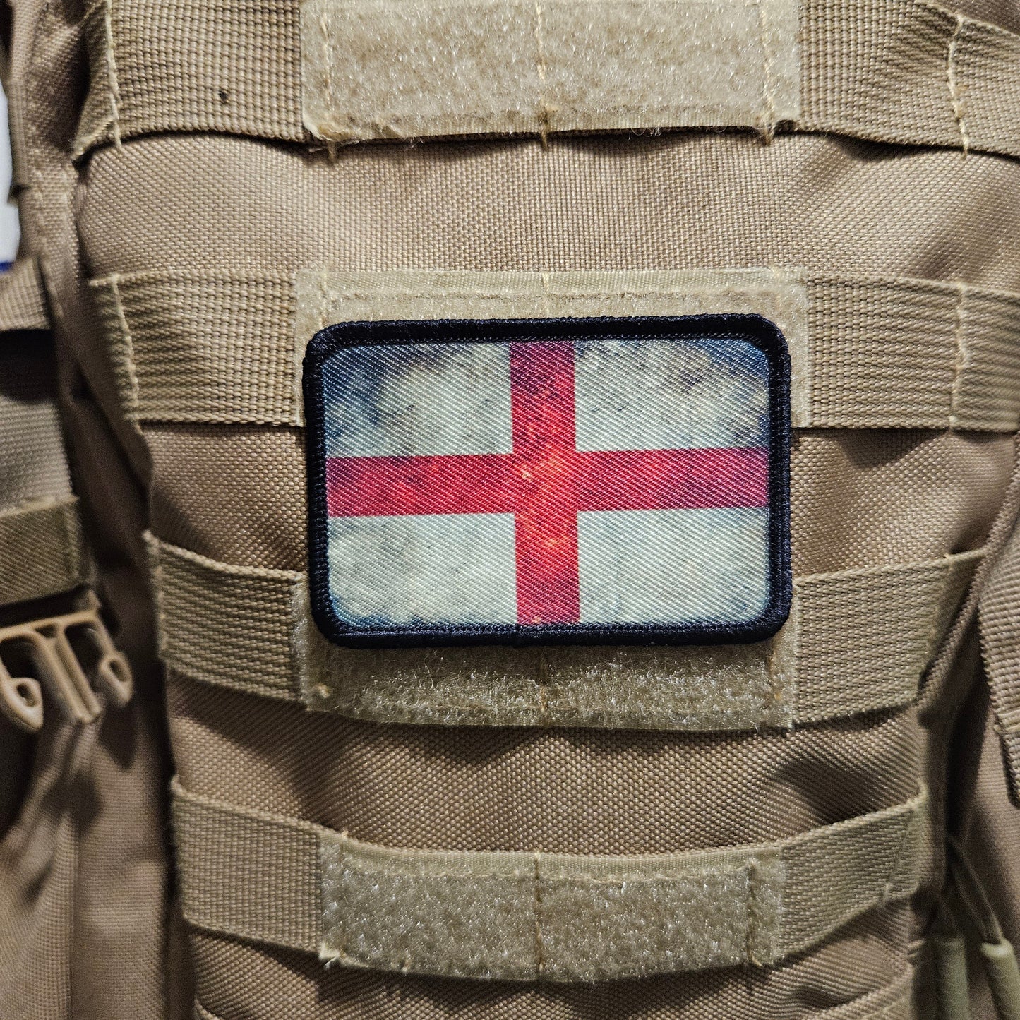 distressed English flag of saint George's 2"x3" morale patch with hook and loop backing