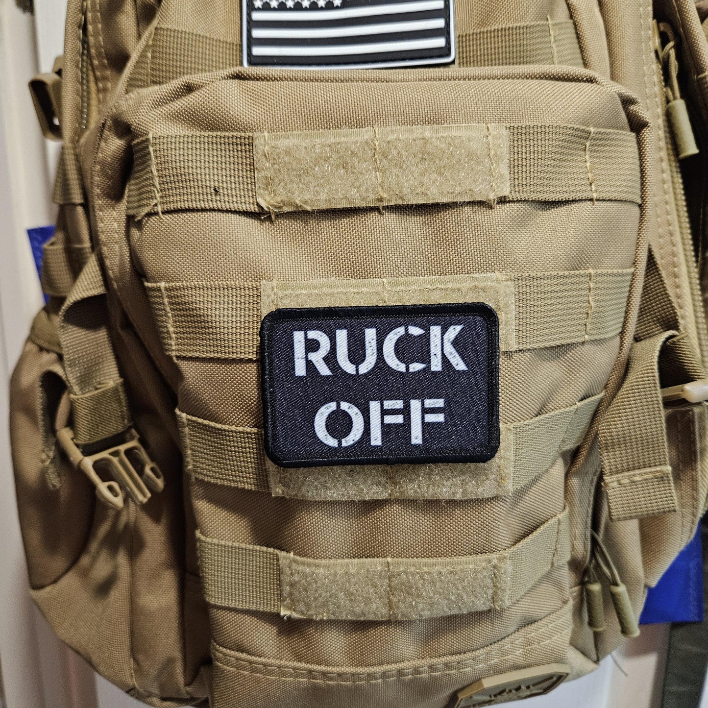 Ruck off rucksack joke removable patch 2"x3" morale patch with hook and loop backing BW