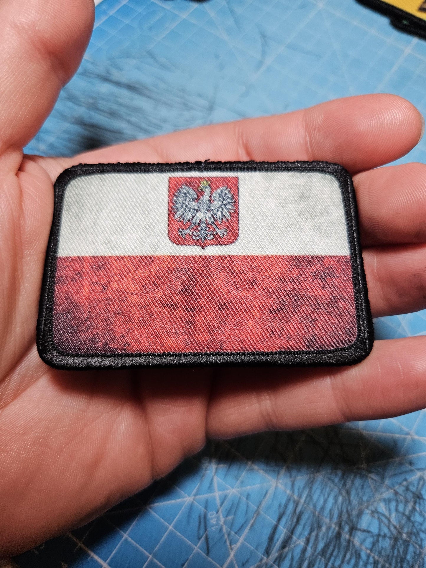 Distressed Poland flag with crest 2"x3" morale patch with hook and loop backing