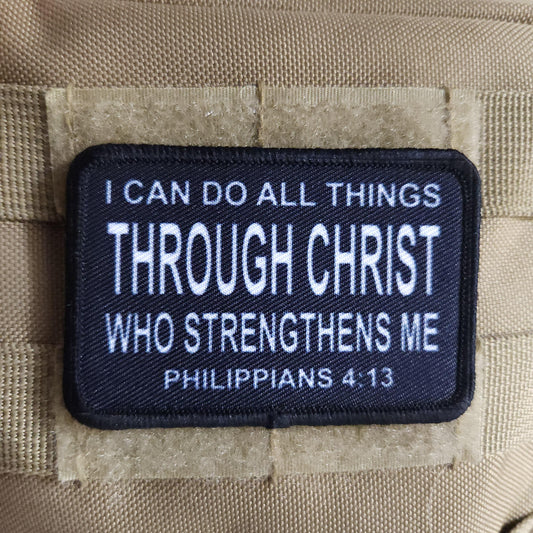 I can do all things Philippians 4:13 bible verse  2"x3" morale patch with hook and loop backing BW