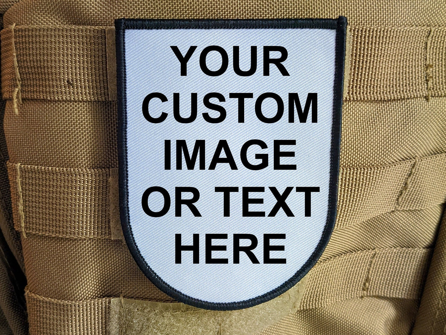 Custom choose your own image or text 3"x4" shield shaped  hook & loop morale patch