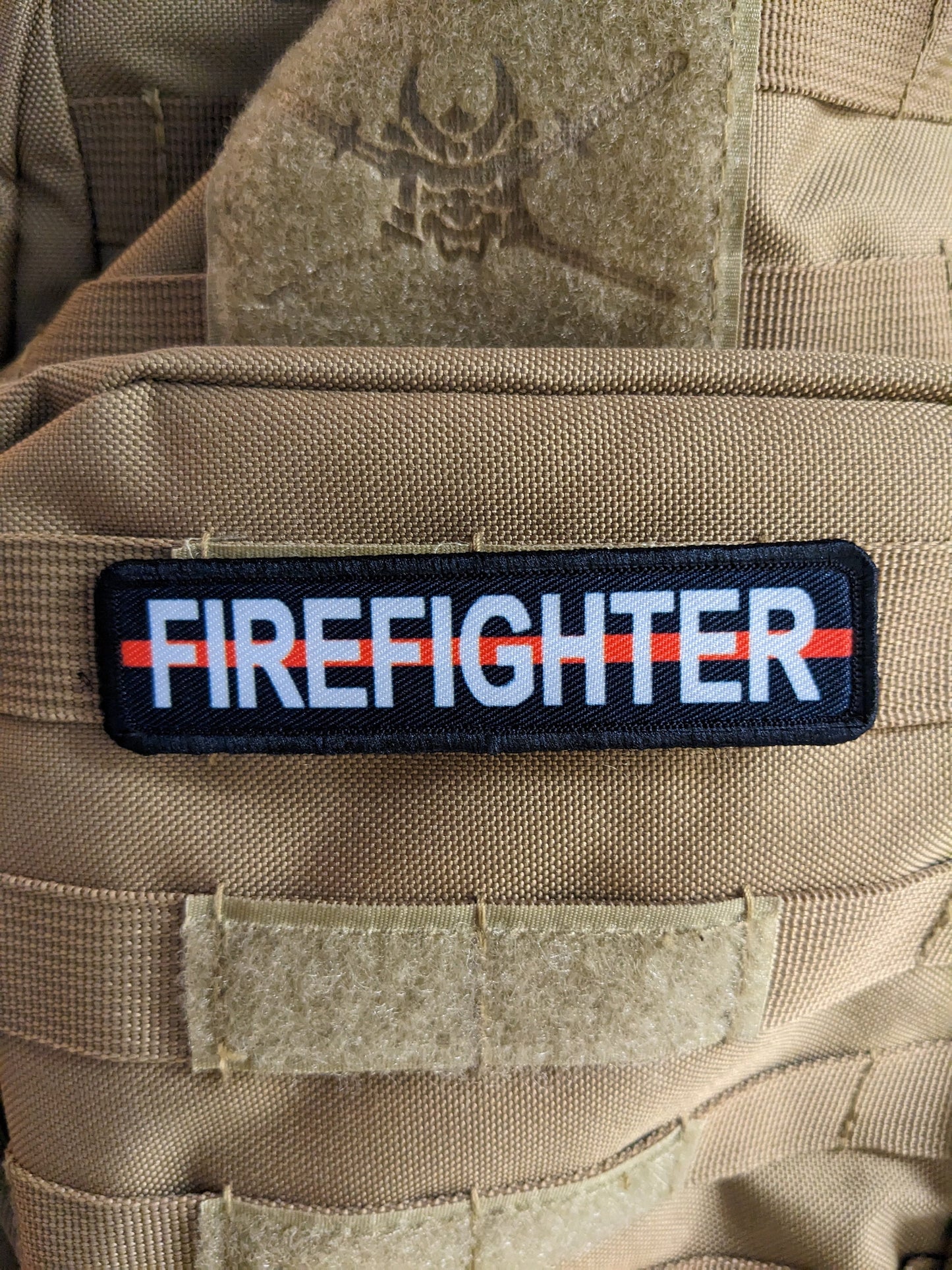 Firefighter red line 1"x4" removable morale patch with hook and loop backing good for back of operator hats