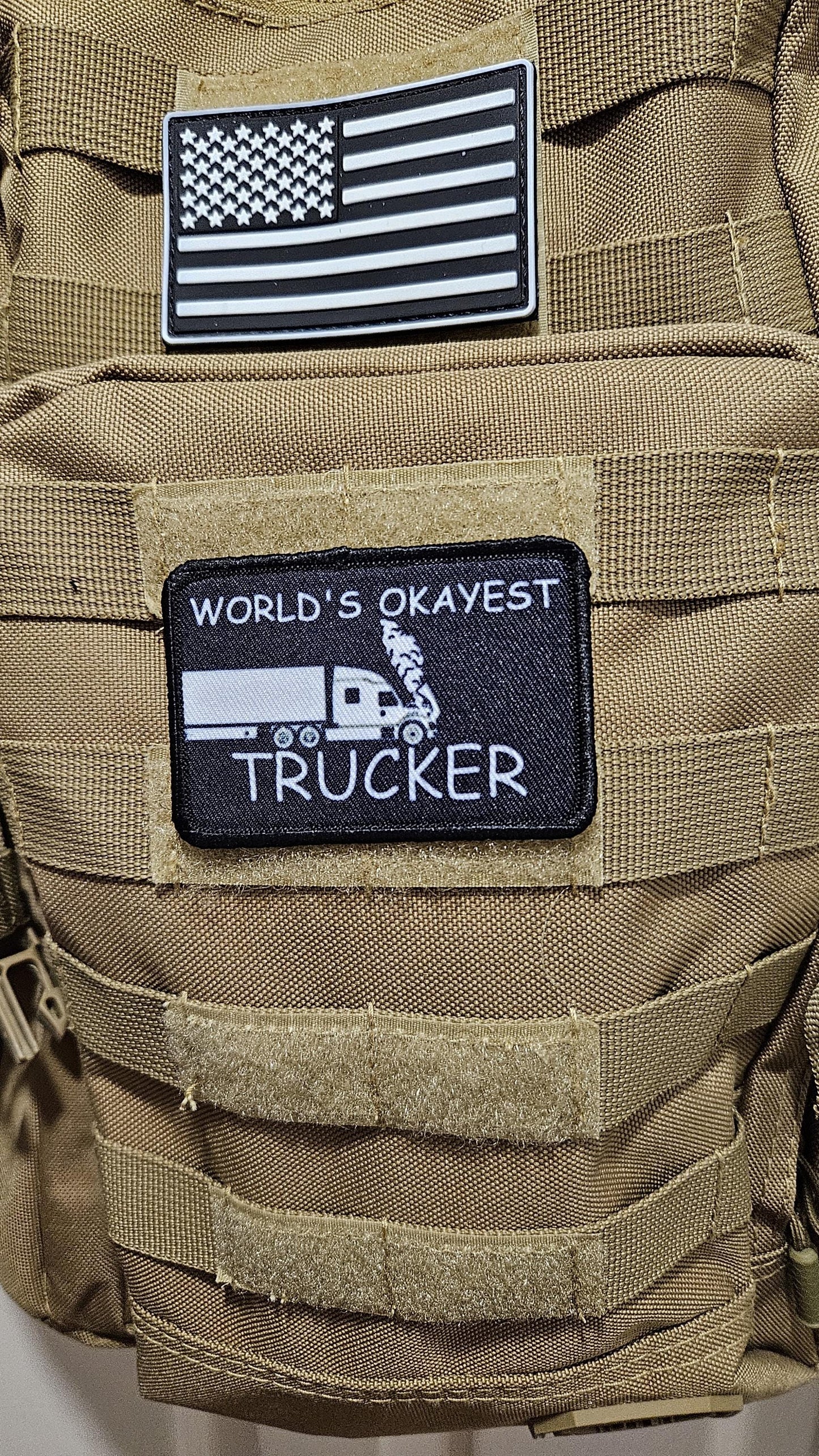 World's okayest trucker blue collar 2"x3" morale patch with hook and loop backing