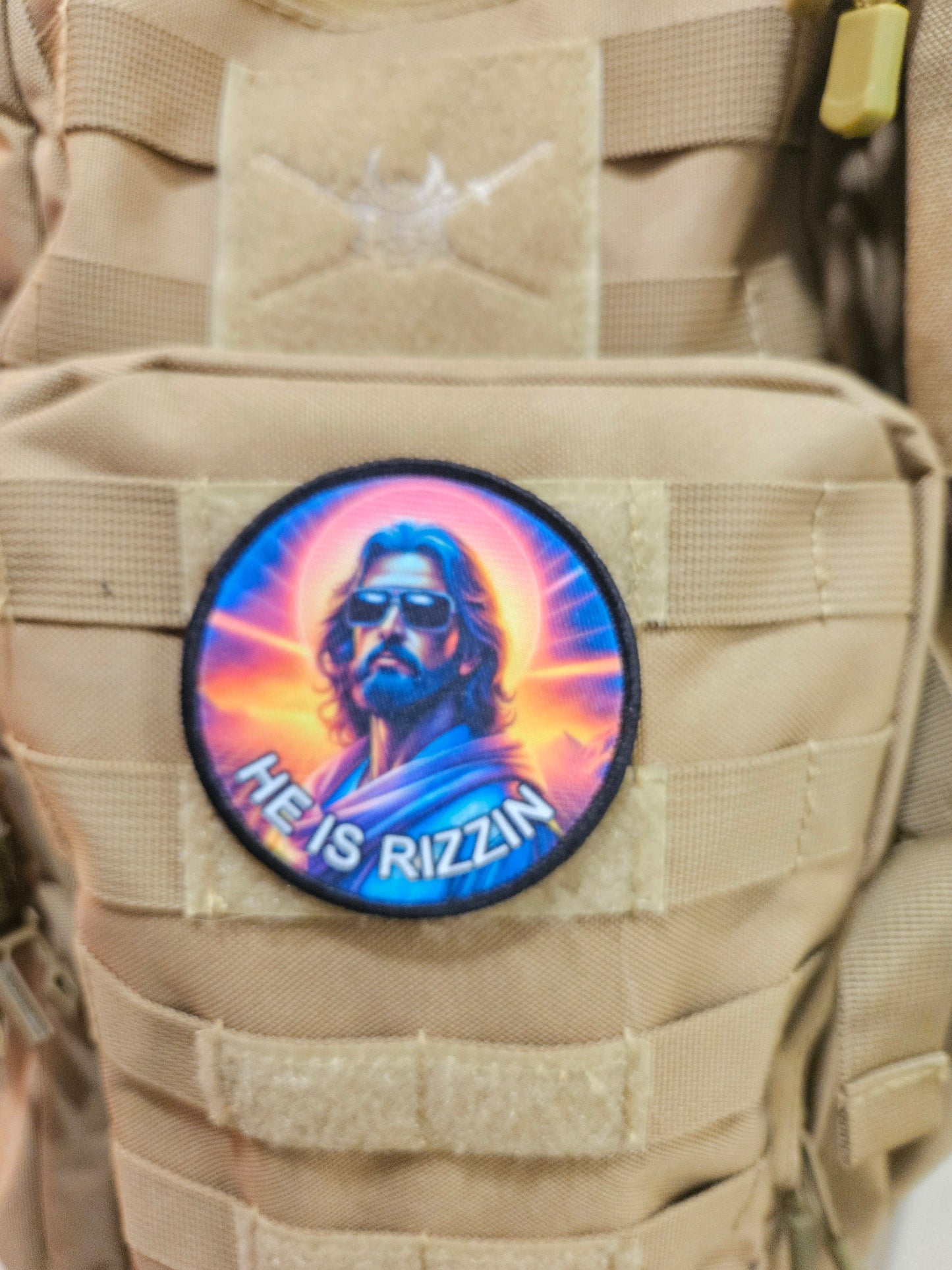 He is rizzin Jesus 80s Christian meme 3" circle morale patch with hook and loop backing