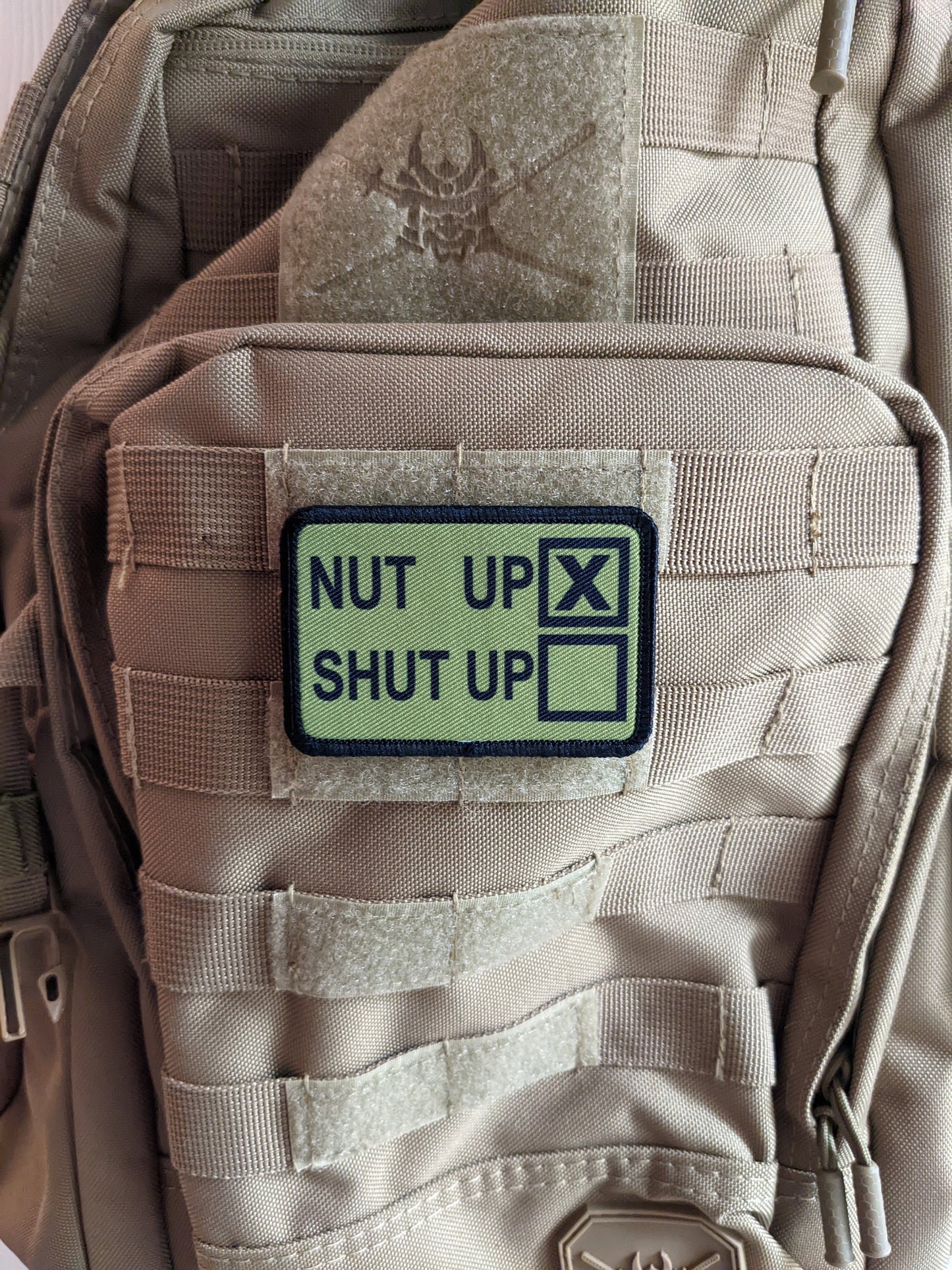 Nut up or shut up check the box funny  2"x3" morale patch with hook and loop backing military joke meme