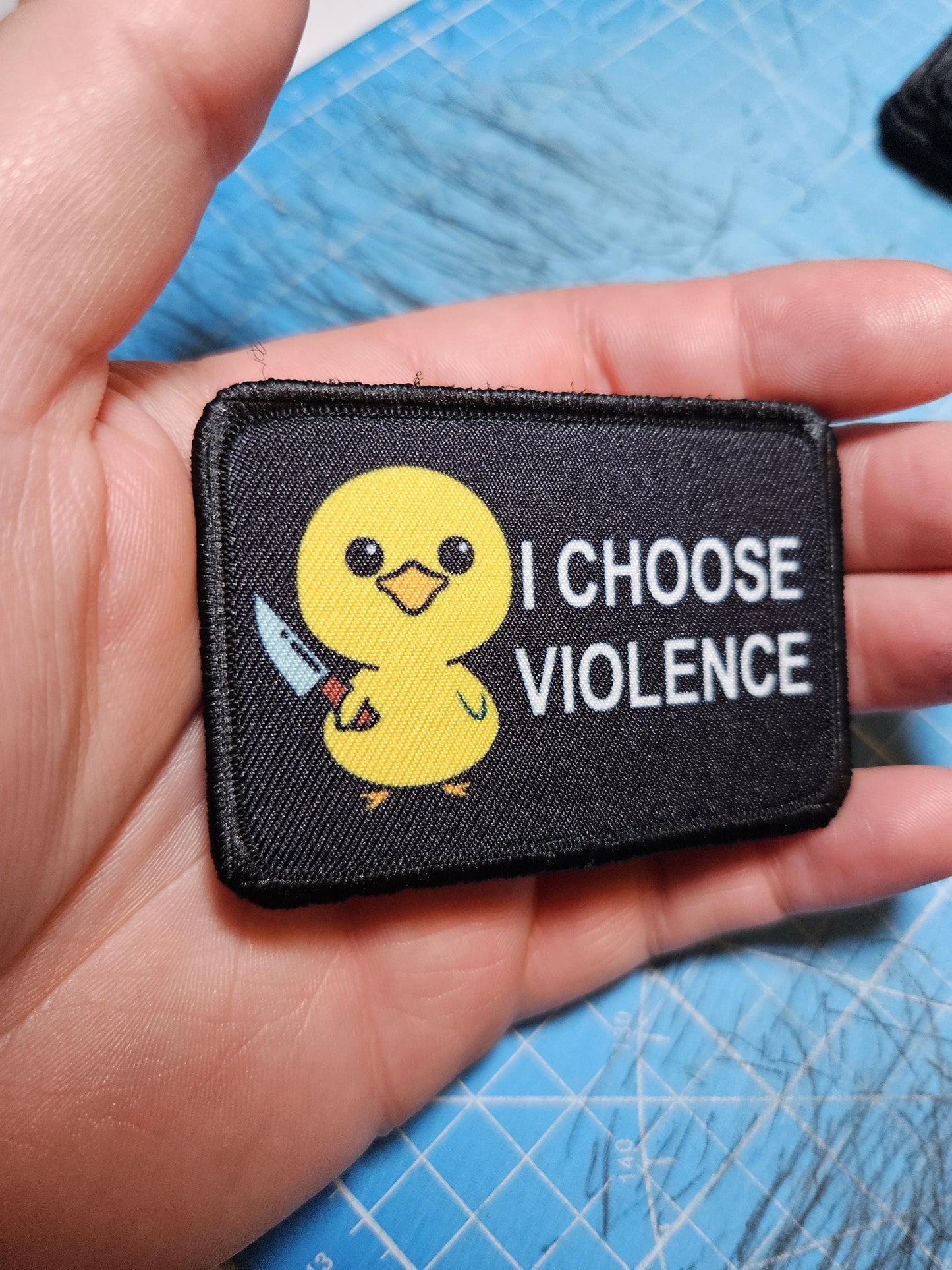Cute I choose violence duckling meme 2"x3" morale patch with hook and loop backing