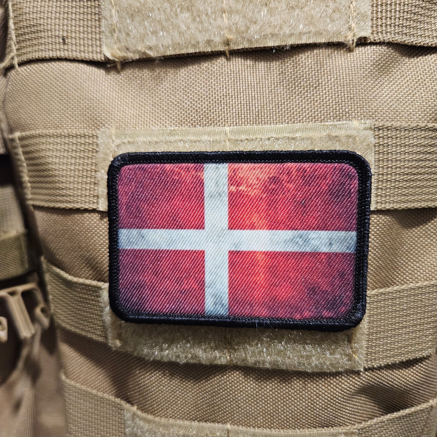 Distressed Denmark flag 2"x3" morale patch with hook and loop backing
