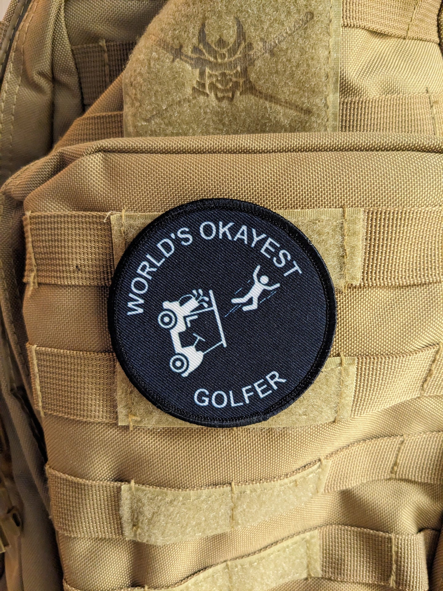 World's okayest golfer golf cart crash meme 3" circle morale patch with hook and loop backing