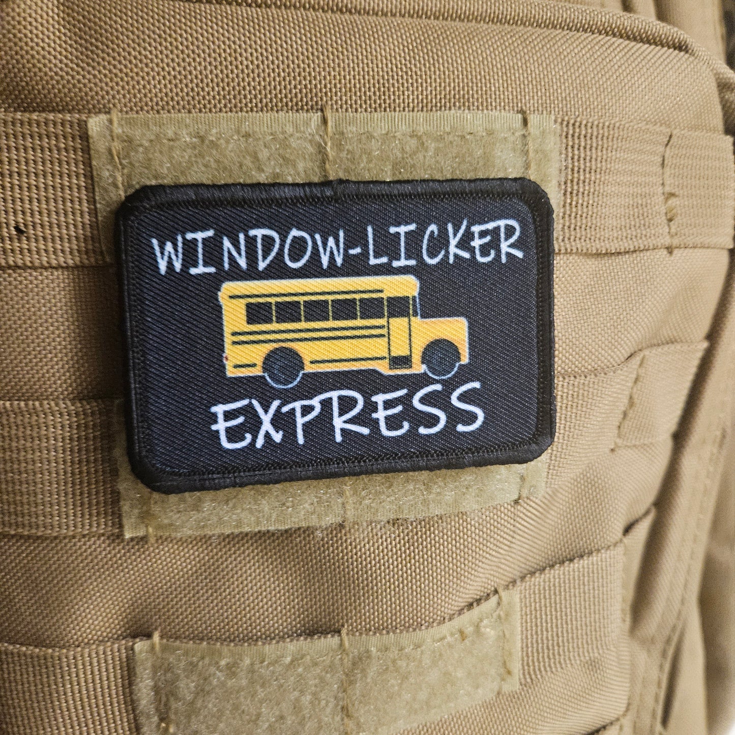 Window-licker express school bus driver funny 2"x3" removable morale patch with hook and loop backing