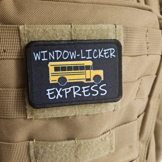 Window-licker express school bus driver funny 2"x3" removable morale patch with hook and loop backing