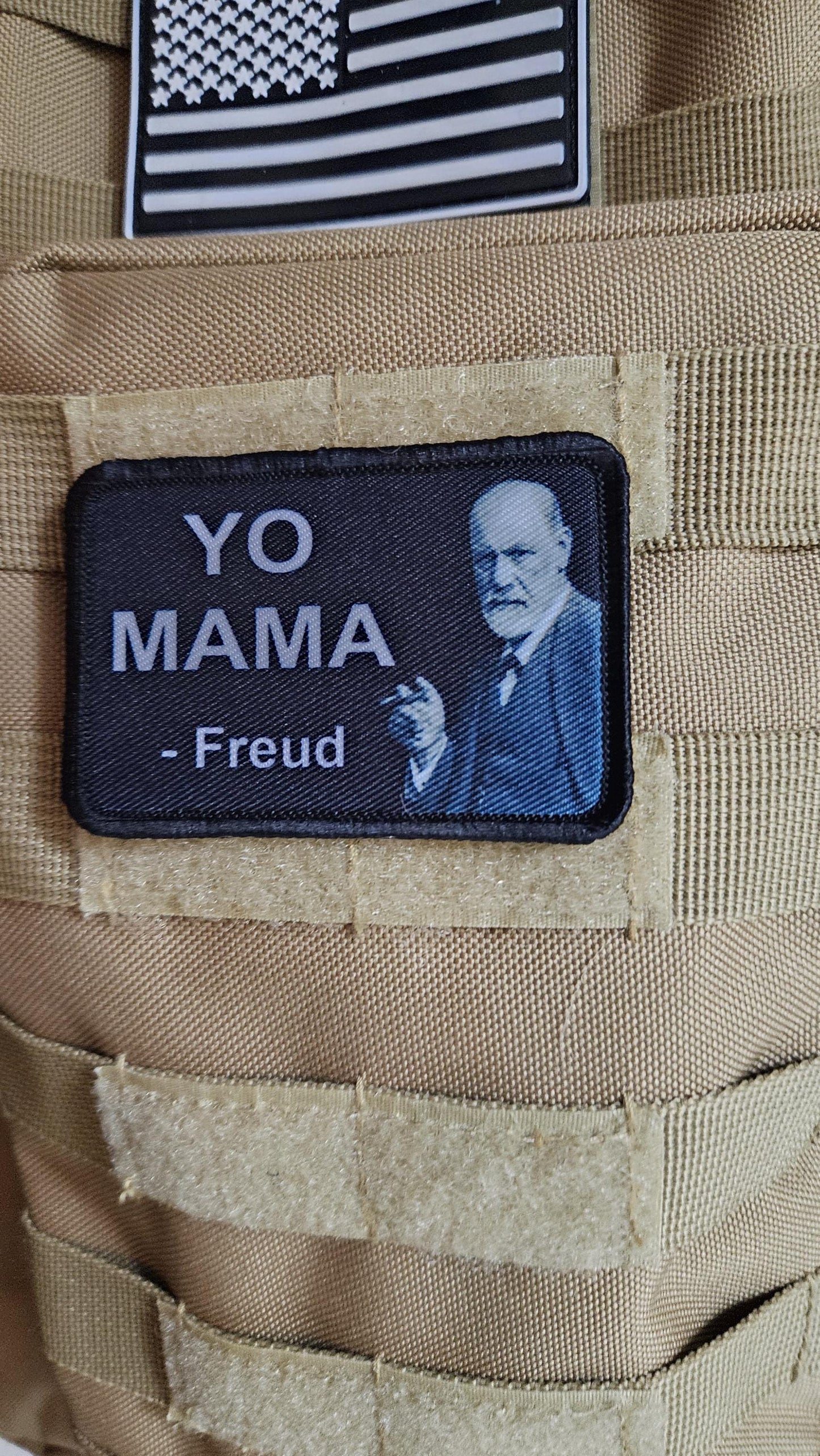Freud you mama meme 2"x3" removable morale patch with hook and loop backing black and white
