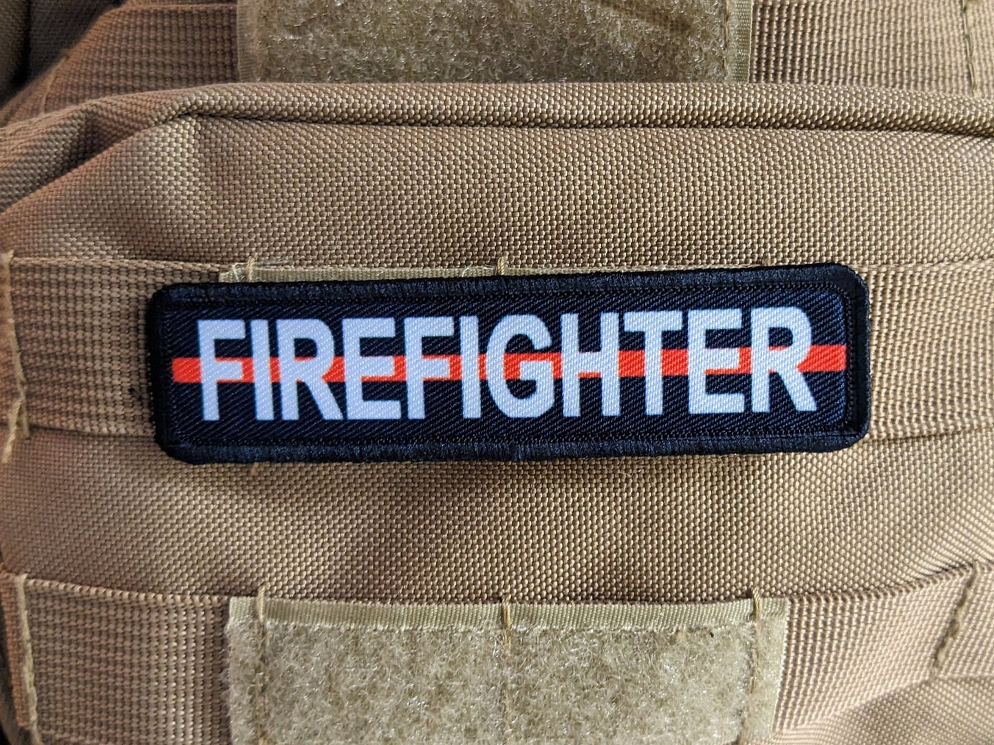 Firefighter red line 1"x4" removable morale patch with hook and loop backing good for back of operator hats