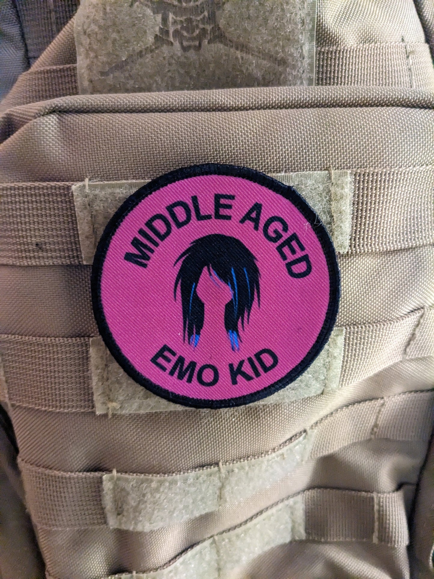 Middle aged emo kid girl version meme 3" circle morale patch with hook and loop backing